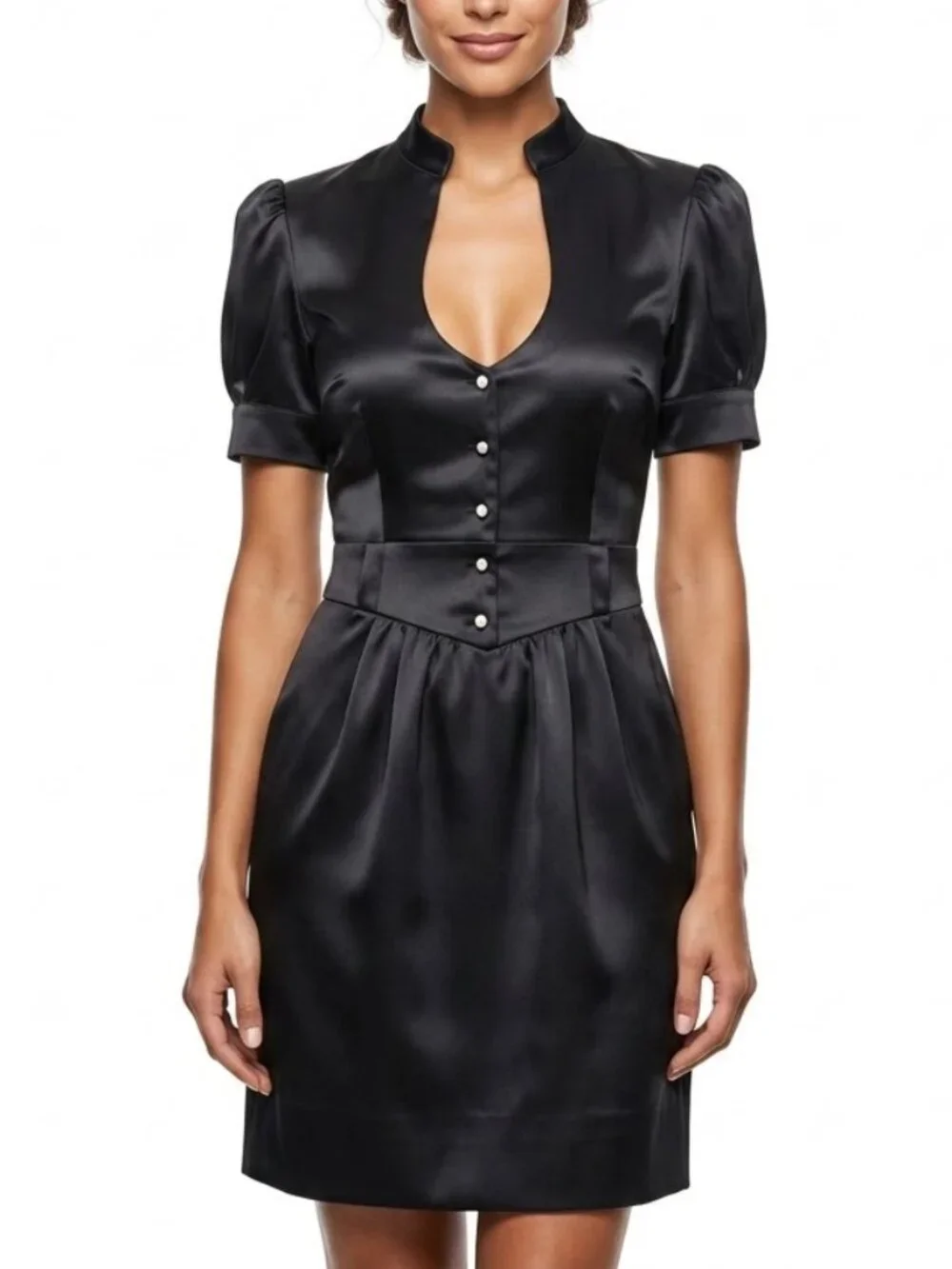 GUESS Vintage Keyhole Satin Mini Dress Puffed Sleeves Goth Coquette Black LBD 5